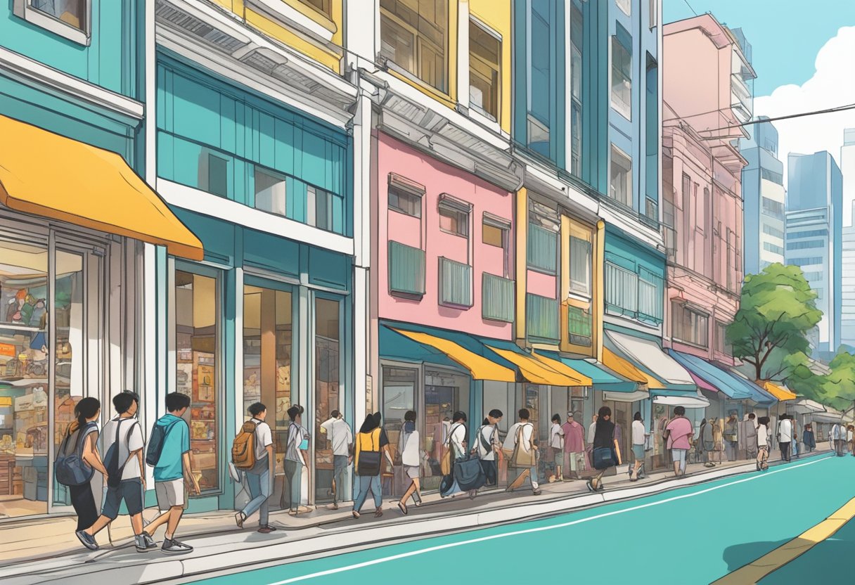 A bustling street in Singapore, with colorful Onitsuka Tiger storefront and people passing by