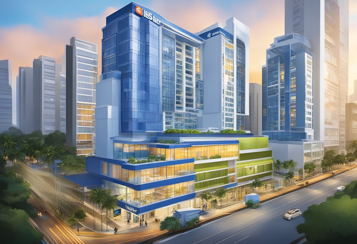 The ibis budget Singapore West Coast hotel stands tall against a backdrop of modern skyscrapers, with its sleek design and vibrant colors catching the eye of passersby