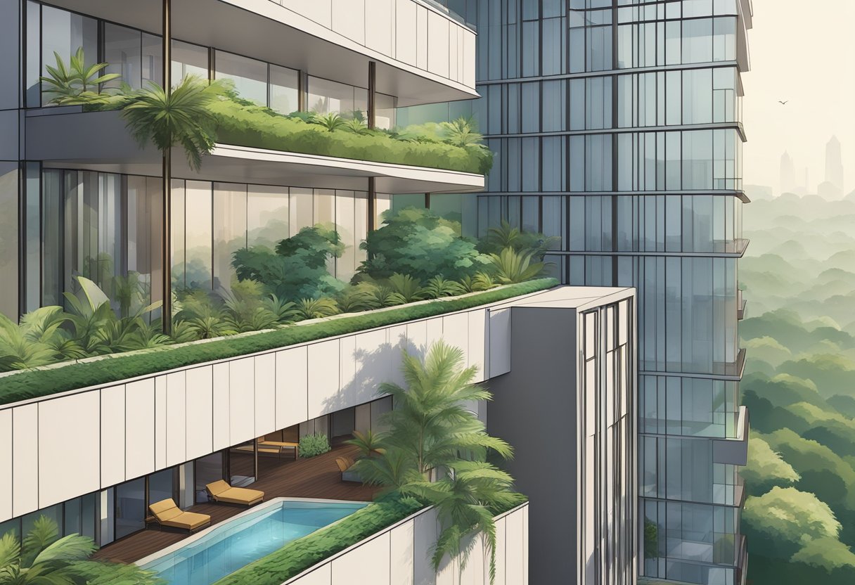 The hotel stands tall against a backdrop of lush greenery, with modern architecture and a sleek, minimalist design. The surrounding area is peaceful and serene, with a hint of urban charm