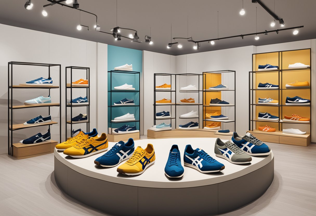 An array of vintage Onitsuka Tiger sneakers displayed in a modern, minimalist showroom, surrounded by historical photographs and artifacts