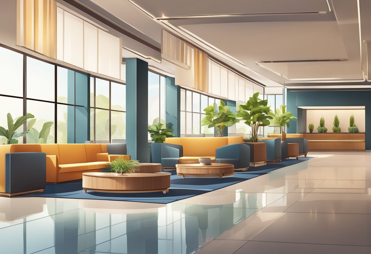 A welcoming hotel lobby with modern decor, comfortable seating, and a friendly reception desk. A bright and airy space with a warm atmosphere