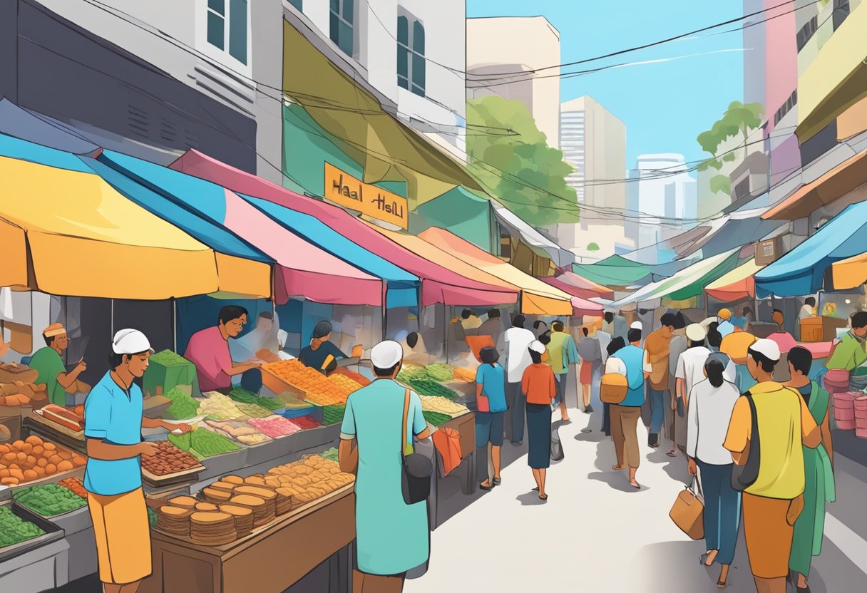 A bustling street market in Singapore, with colorful stalls selling various halal foods. Customers and vendors interact, while signs advertise "Halal" options