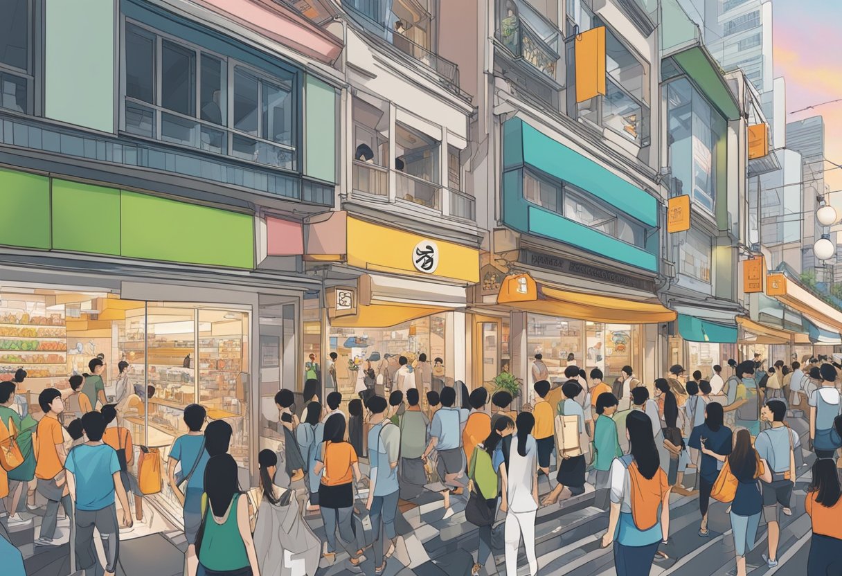 The bustling streets of Singapore showcase the iconic Onitsuka Tiger store, with its sleek and modern design drawing in a crowd of stylish shoppers
