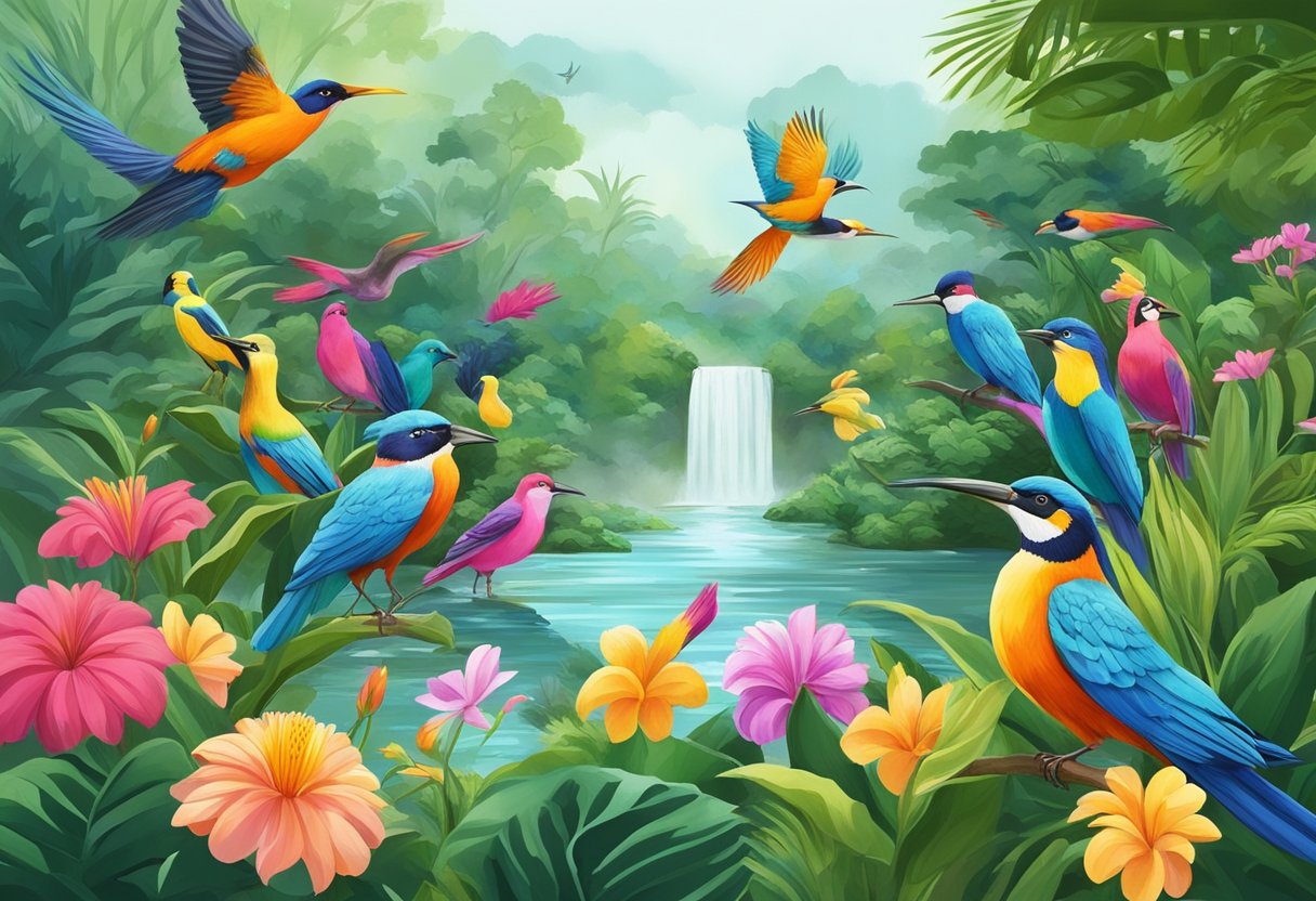 Colorful birds flock in lush greenery, surrounded by vibrant flowers and flowing water, in the bird paradise of Singapore