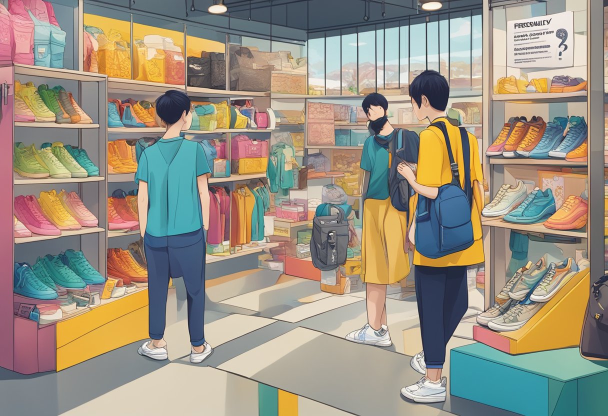 A colorful display of Onitsuka Tiger Singapore products with a sign indicating "Frequently Asked Questions" surrounded by curious shoppers