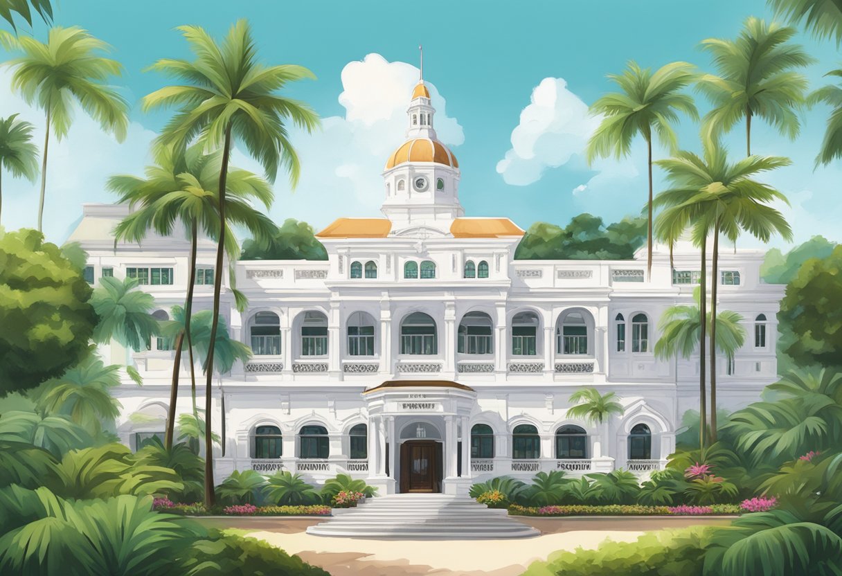 The iconic Raffles Singapore hotel stands tall, its white colonial-style facade contrasting against the lush greenery of palm trees and tropical plants
