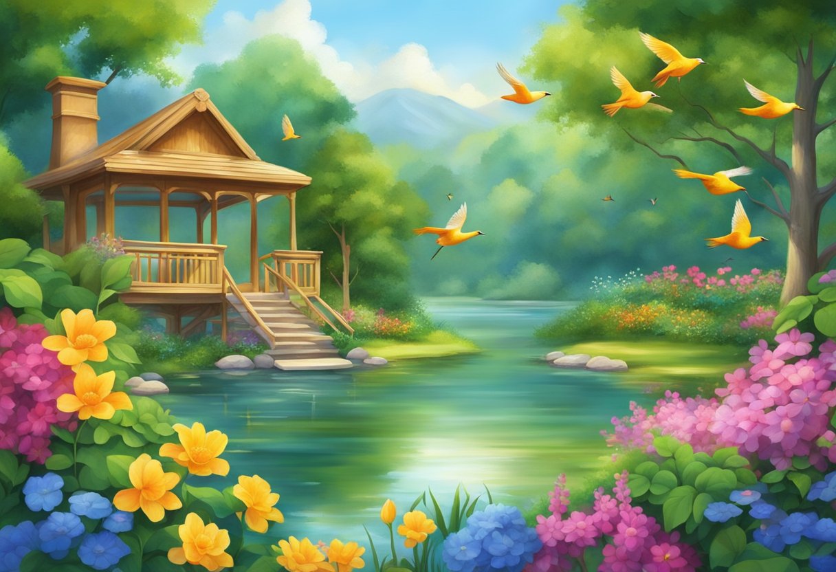 Birds fly freely among lush green trees and colorful flowers in an idyllic paradise. A serene pond reflects the vibrant scene