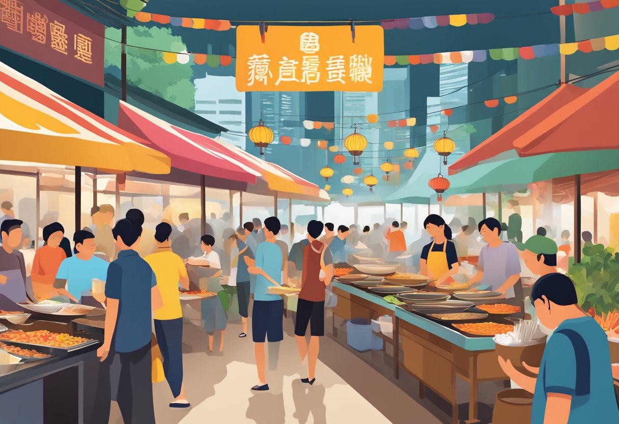A bustling hawker center with steaming pots, sizzling woks, and colorful stalls showcasing a diverse array of Singaporean dishes