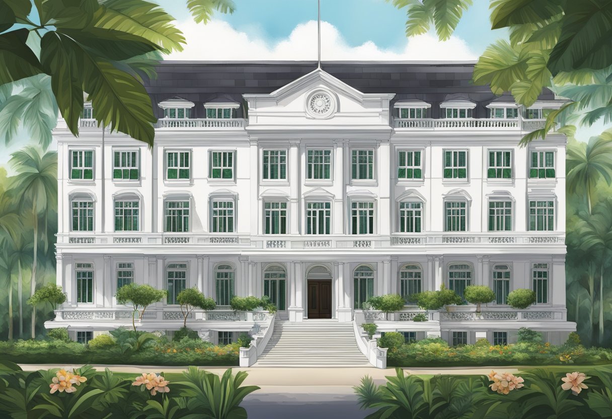 The grand colonial facade of Raffles Singapore, with its iconic white exterior and lush tropical surroundings, exudes a sense of history and heritage