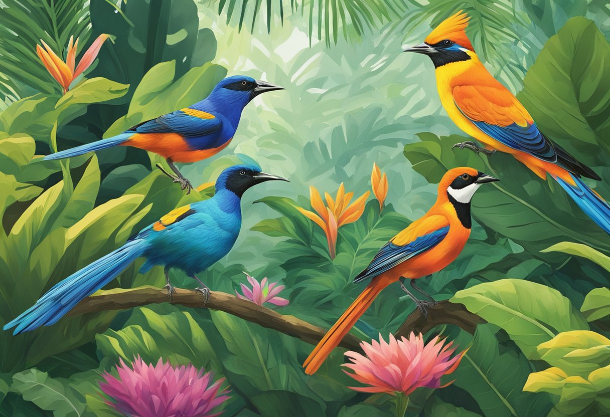 Colorful birds flutter among lush greenery at the Visitor Information center in Bird Paradise, Singapore. The vibrant plumage of the birds contrasts with the vibrant foliage, creating a picturesque scene for an illustrator to recreate