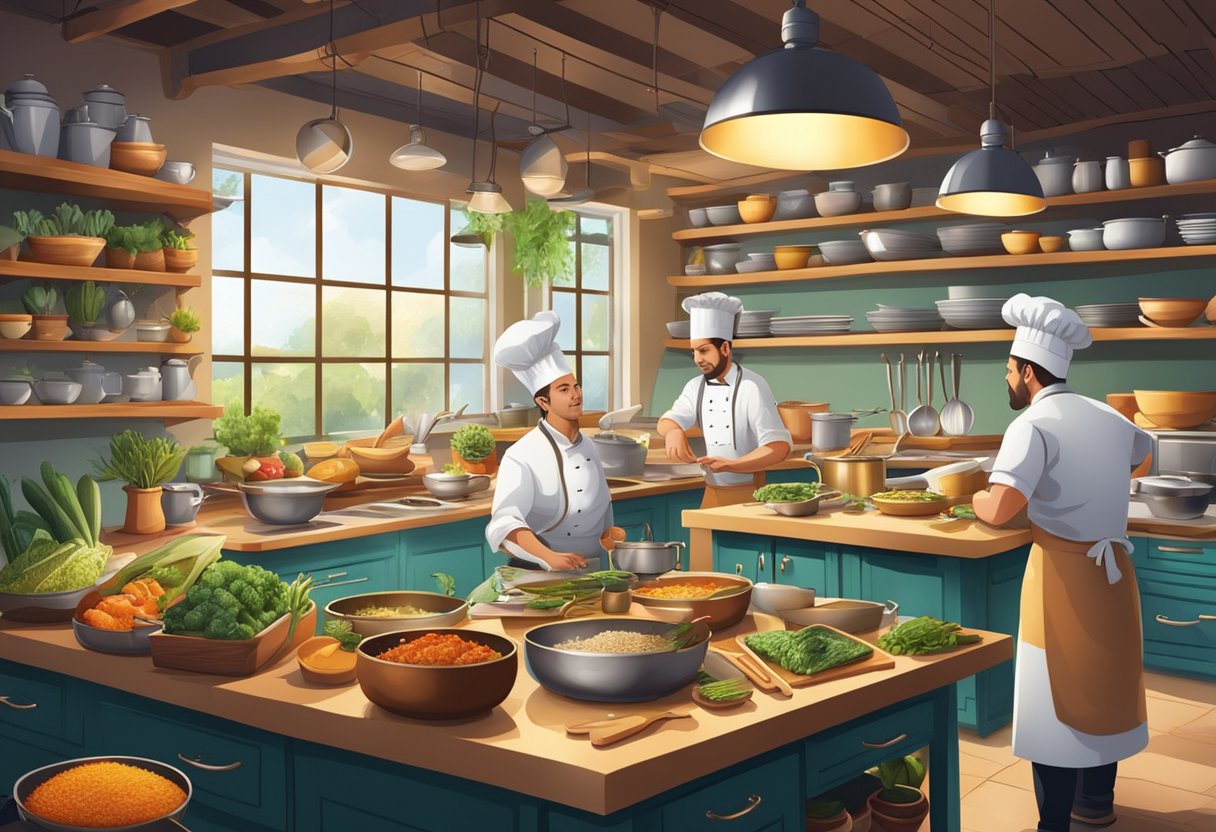 A bustling kitchen with chefs preparing exquisite dishes, surrounded by shelves of exotic ingredients and gleaming cookware