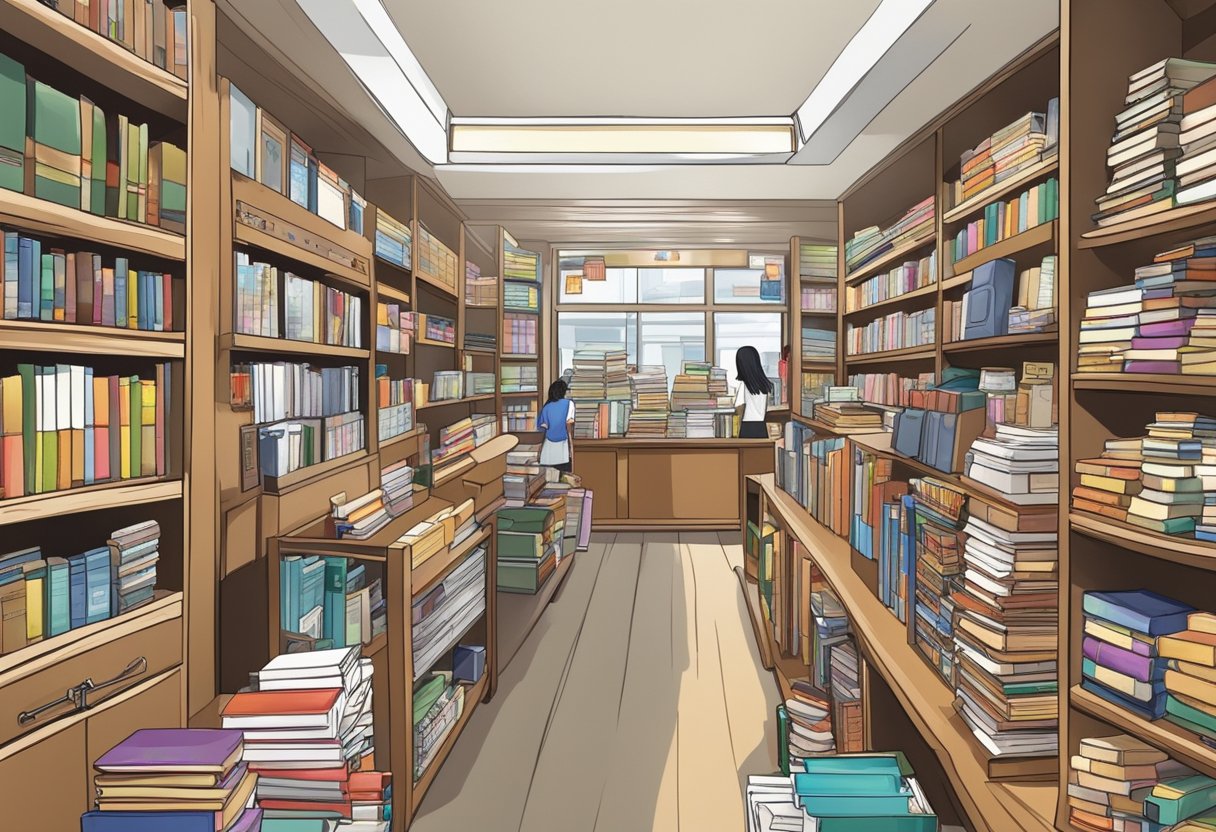A bustling bookstore in Singapore displays a wide array of popular products and services, including books, magazines, stationery, and coffee
