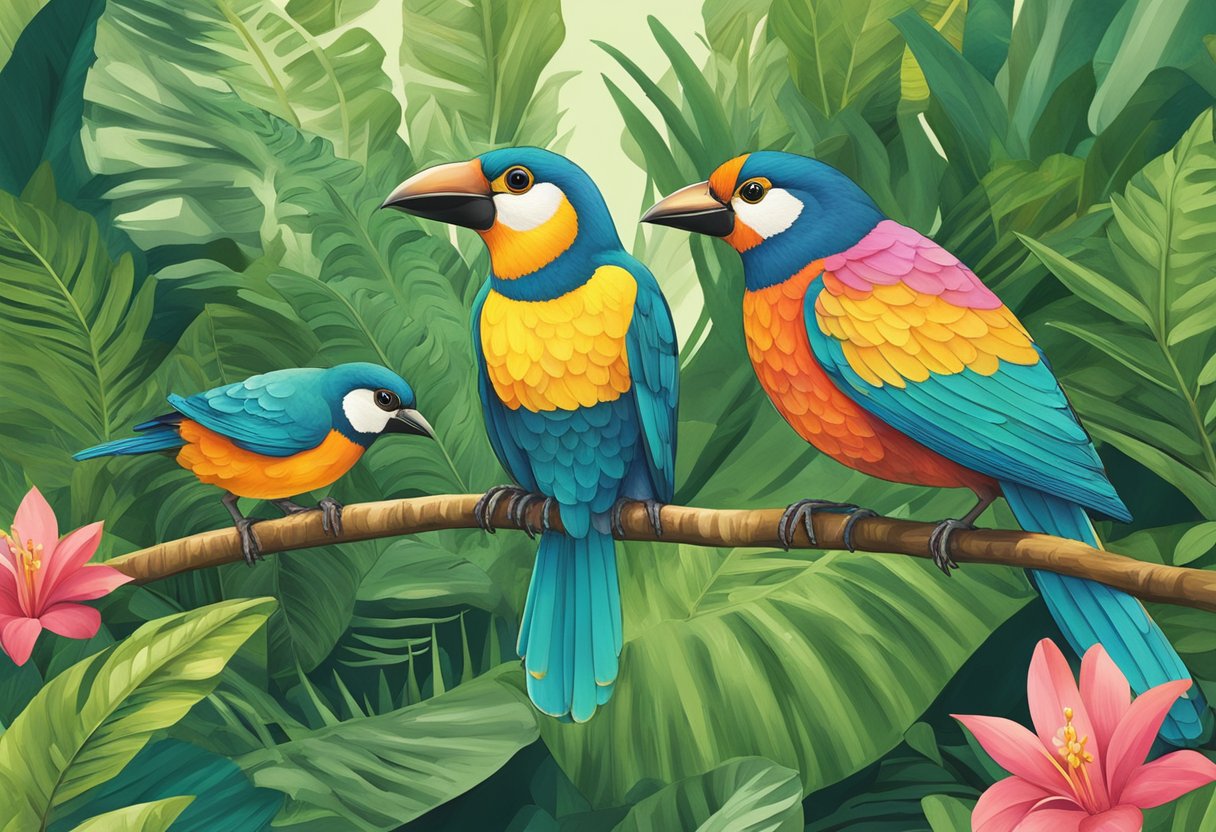 Colorful birds perched on lush green foliage in a tropical paradise, with a sign reading "Frequently Asked Questions bird paradise Singapore."