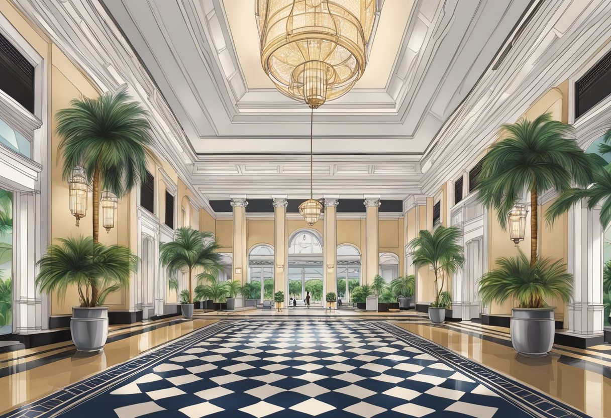 The elegant lobby of Raffles Singapore, with its iconic palm-lined driveway and grand colonial architecture, exudes luxury and sophistication