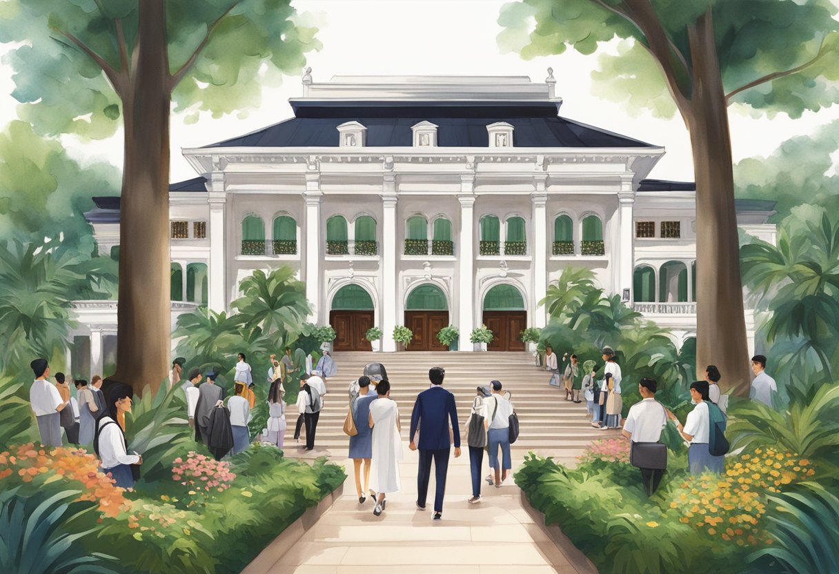 The grand entrance of Raffles Singapore, with a line of guests waiting to enter, surrounded by lush greenery and the iconic colonial architecture