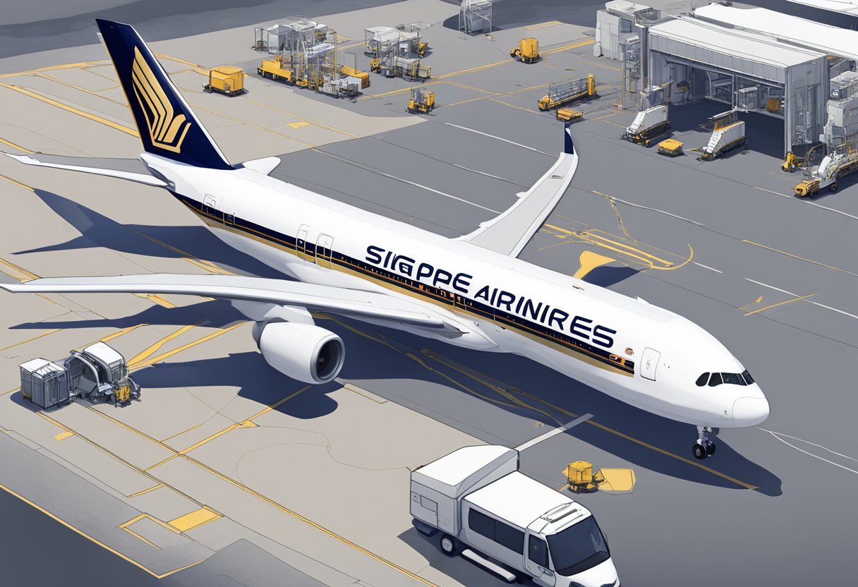 A Singapore Airlines aircraft parked at the gate with ground crew and equipment nearby. The airline's logo prominently displayed on the plane's tail