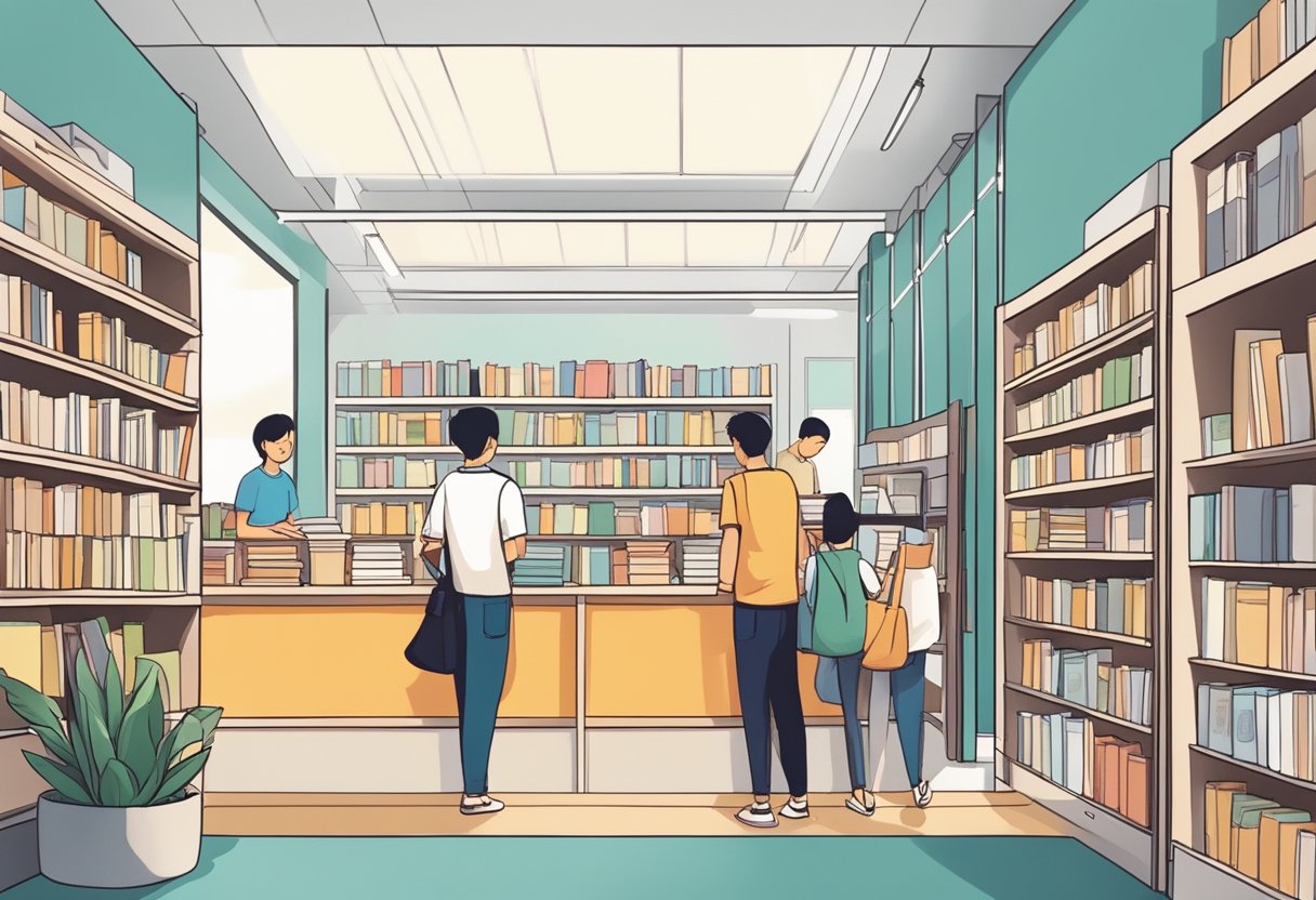 A line of customers enters a bright, modern bookstore in Singapore, with a sign promoting membership benefits. Shelves are filled with books, and a cozy reading area is in the corner