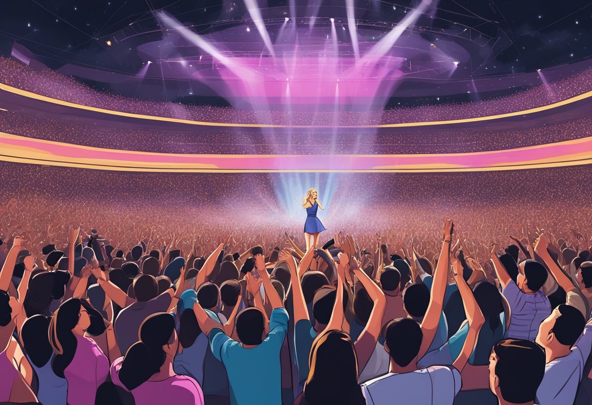 Crowd cheers at Taylor Swift concert in Singapore. Stage lights flash as she performs hit songs