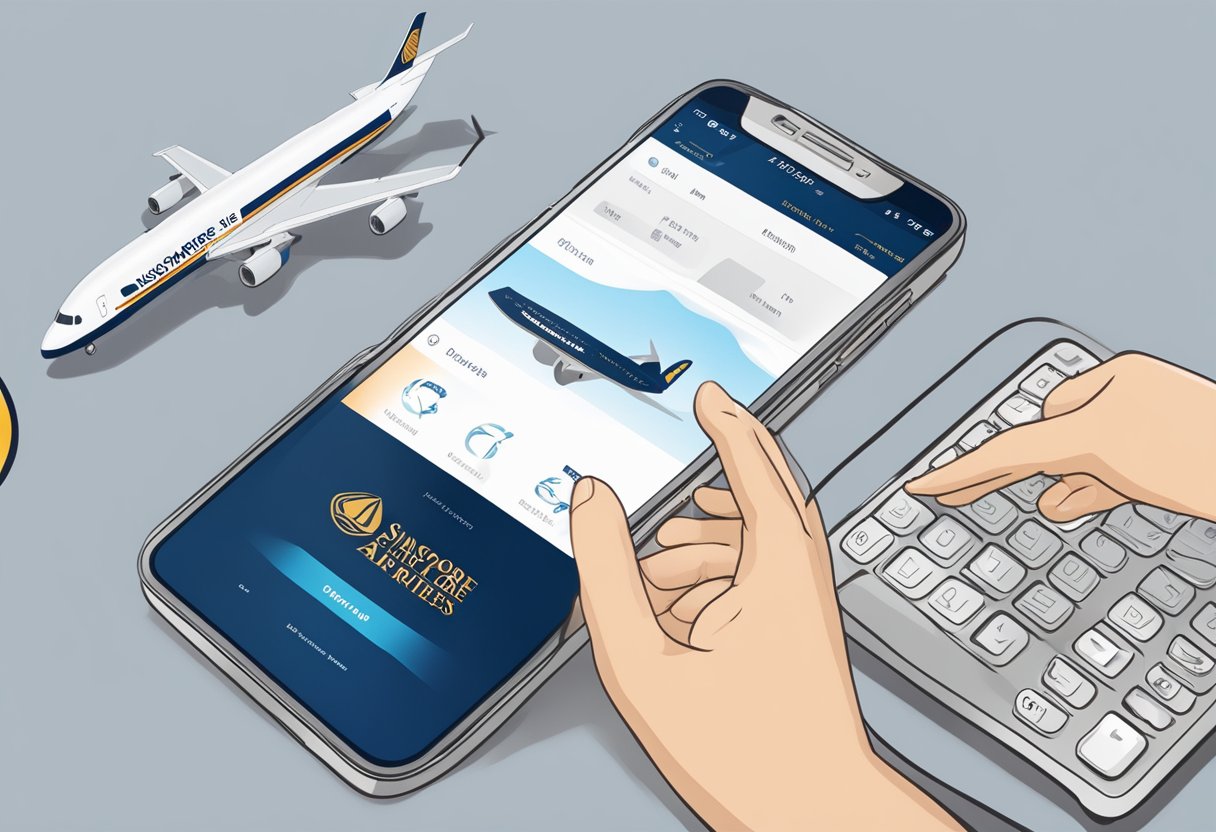 A phone with the Singapore Airlines logo on the screen, with a hand reaching out to dial the contact number