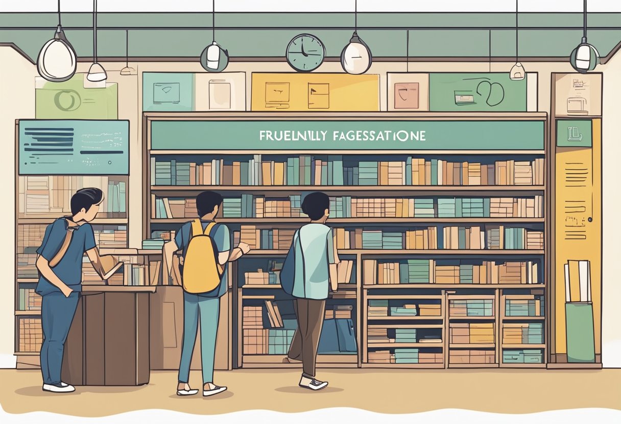 A bookstore sign reads "Frequently Asked Questions" in Singapore. Customers browse shelves and chat with staff