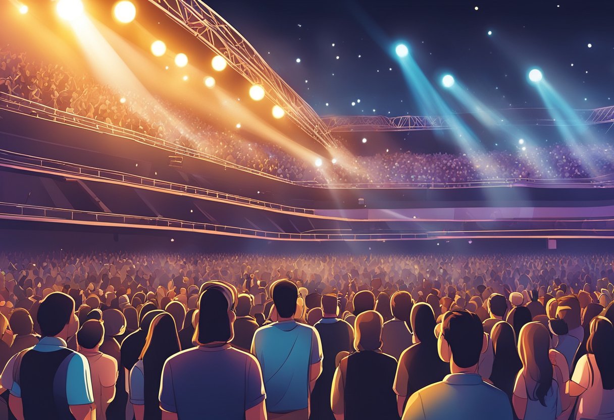 Fans gather outside the venue, excited chatter fills the air. Bright lights illuminate the stage, setting the scene for an unforgettable concert experience