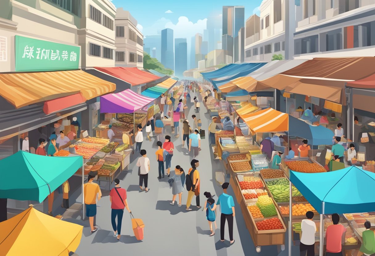 A bustling Singapore street market with colorful banners and vendors selling various goods
