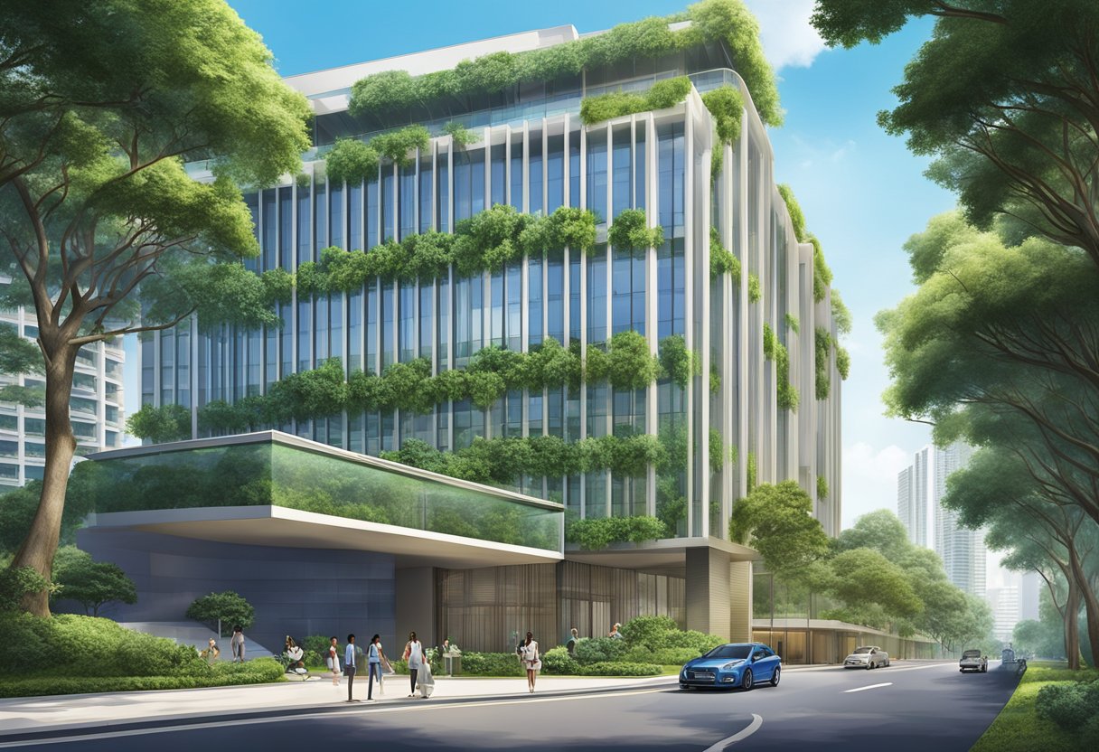 The Parkroyal on Beach Road, Singapore, features a modern, sleek building with lush greenery surrounding the entrance and a clear blue sky above