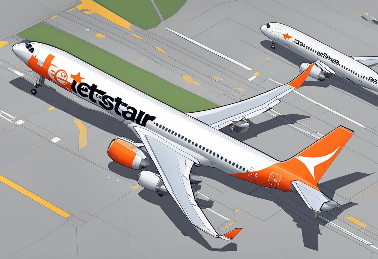 Jetstar Singapore: A sleek, modern airplane parked at the airport gate, with the distinctive Jetstar logo and vibrant red and white color scheme