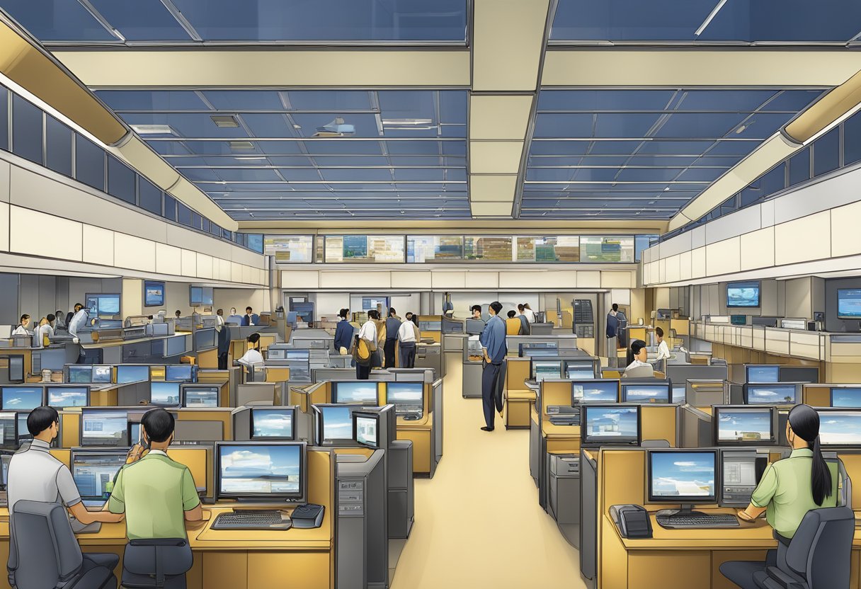 A Singapore Airlines contact center with staff assisting customers and a display of travel information and services