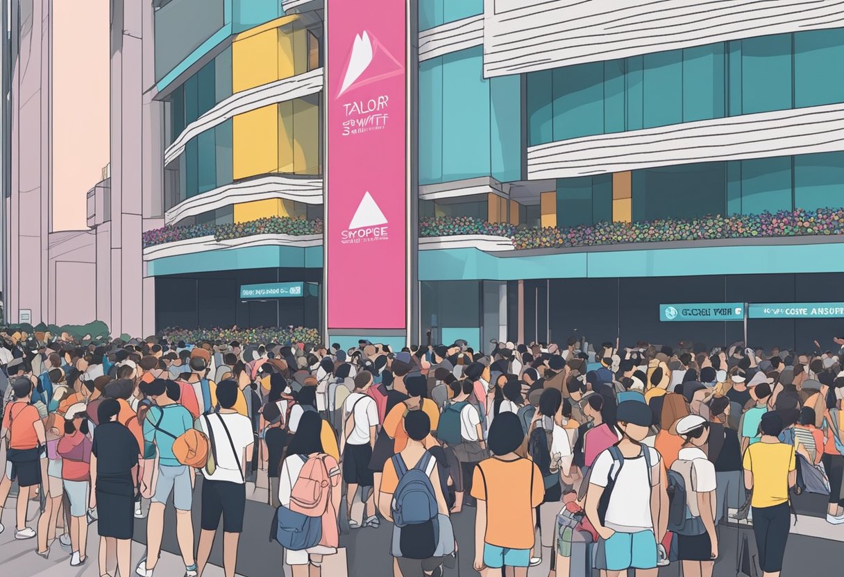 Fans line up outside the concert venue in Singapore, eagerly awaiting Taylor Swift's performance. The venue is adorned with colorful banners and signs promoting the event