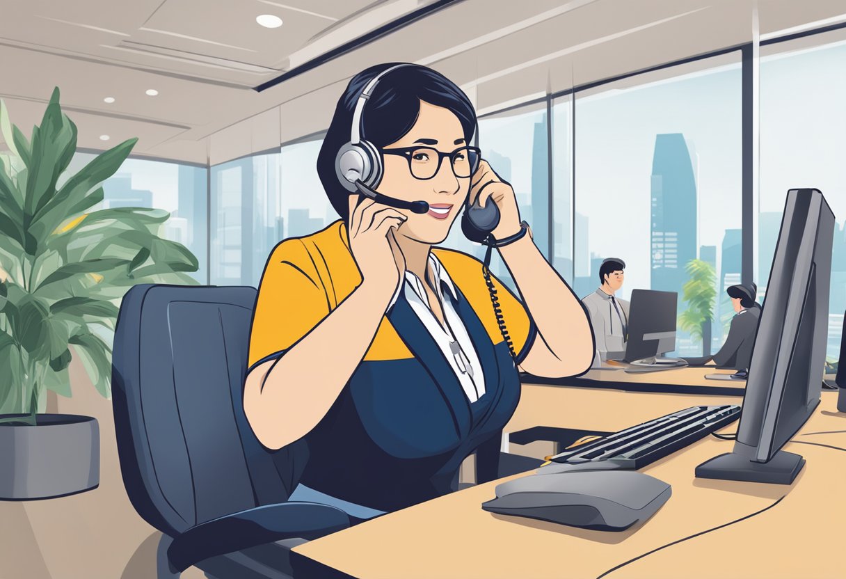 A customer service representative answers phone calls at a desk with the Singapore Airlines logo in the background. The room is bright and modern, with a friendly and professional atmosphere