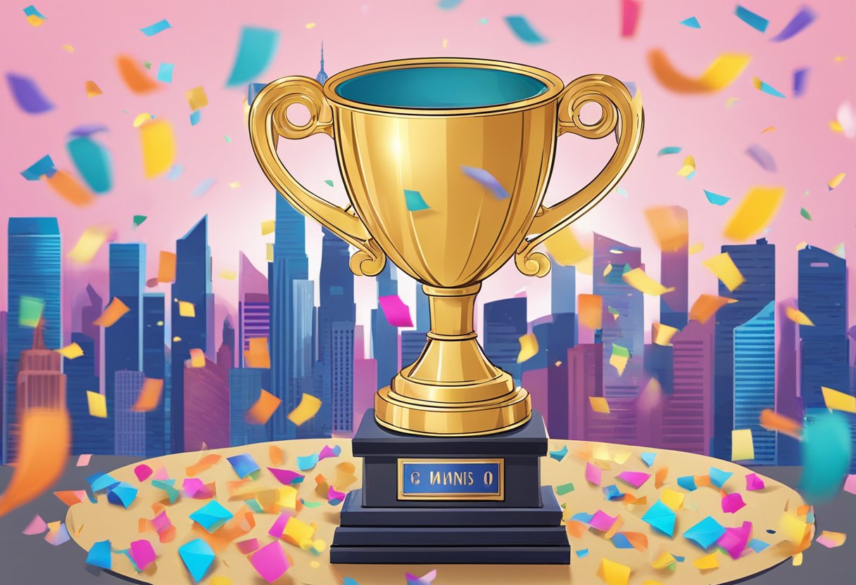 A glittering trophy sits atop a pedestal, surrounded by colorful confetti and cheering spectators. The Singapore skyline looms in the background, with the city's iconic landmarks visible in the distance