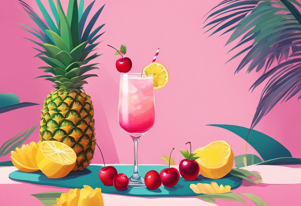 A table with a tall glass filled with a pink cocktail, garnished with a slice of pineapple and a cherry, surrounded by a tropical setting