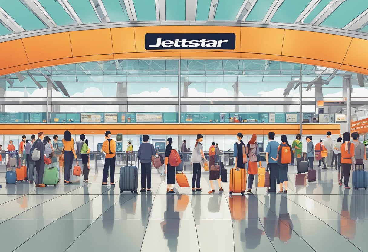 A bustling airport terminal with a prominent Jetstar Singapore customer service desk and a line of travelers with luggage