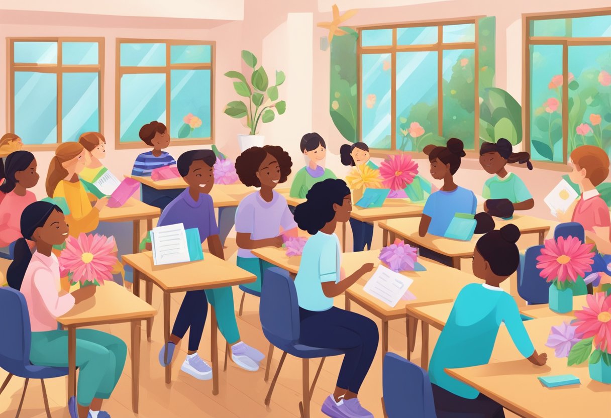 A classroom filled with colorful flowers, thoughtful cards, and gifts for teachers, with students and teachers exchanging warm smiles