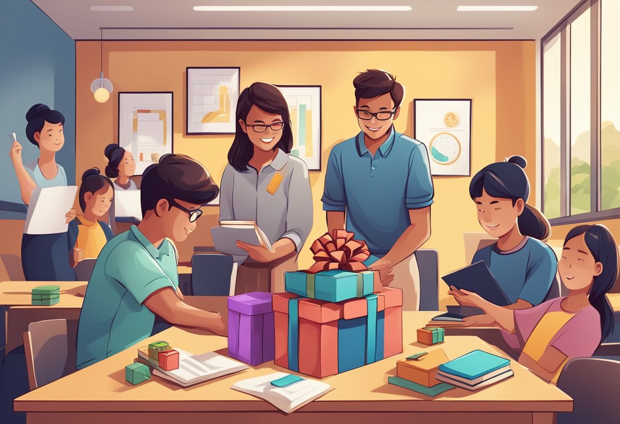 A group of students present gifts to their teacher, surrounded by symbols of education and appreciation