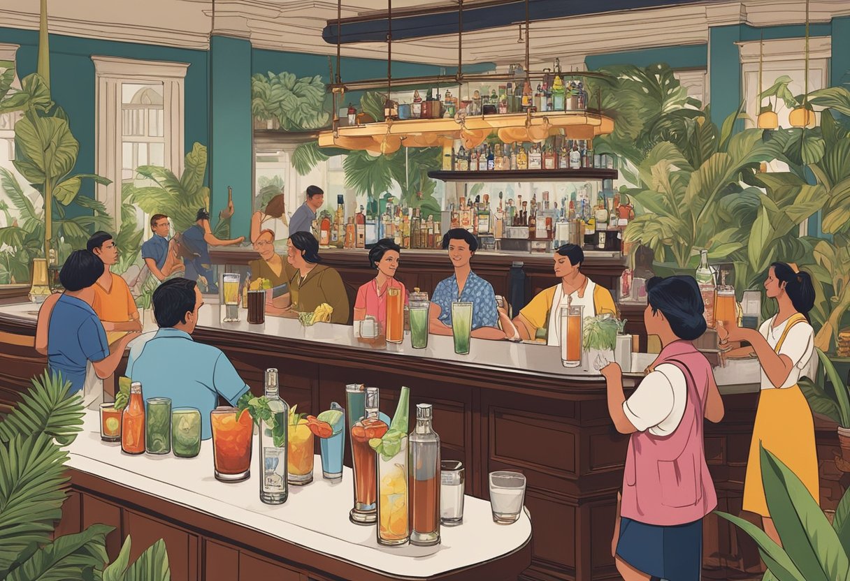 The bar is crowded with patrons enjoying the iconic Singapore Sling. A bartender expertly mixes the cocktail, surrounded by vintage decor and tropical plants