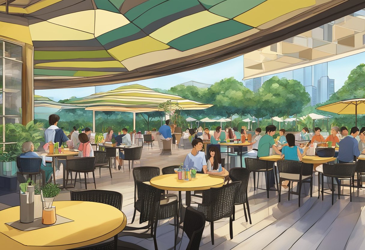 A vibrant dining and entertainment scene at Parkroyal on Beach Road, Singapore. Outdoor seating, live music, and colorful decor create a lively atmosphere