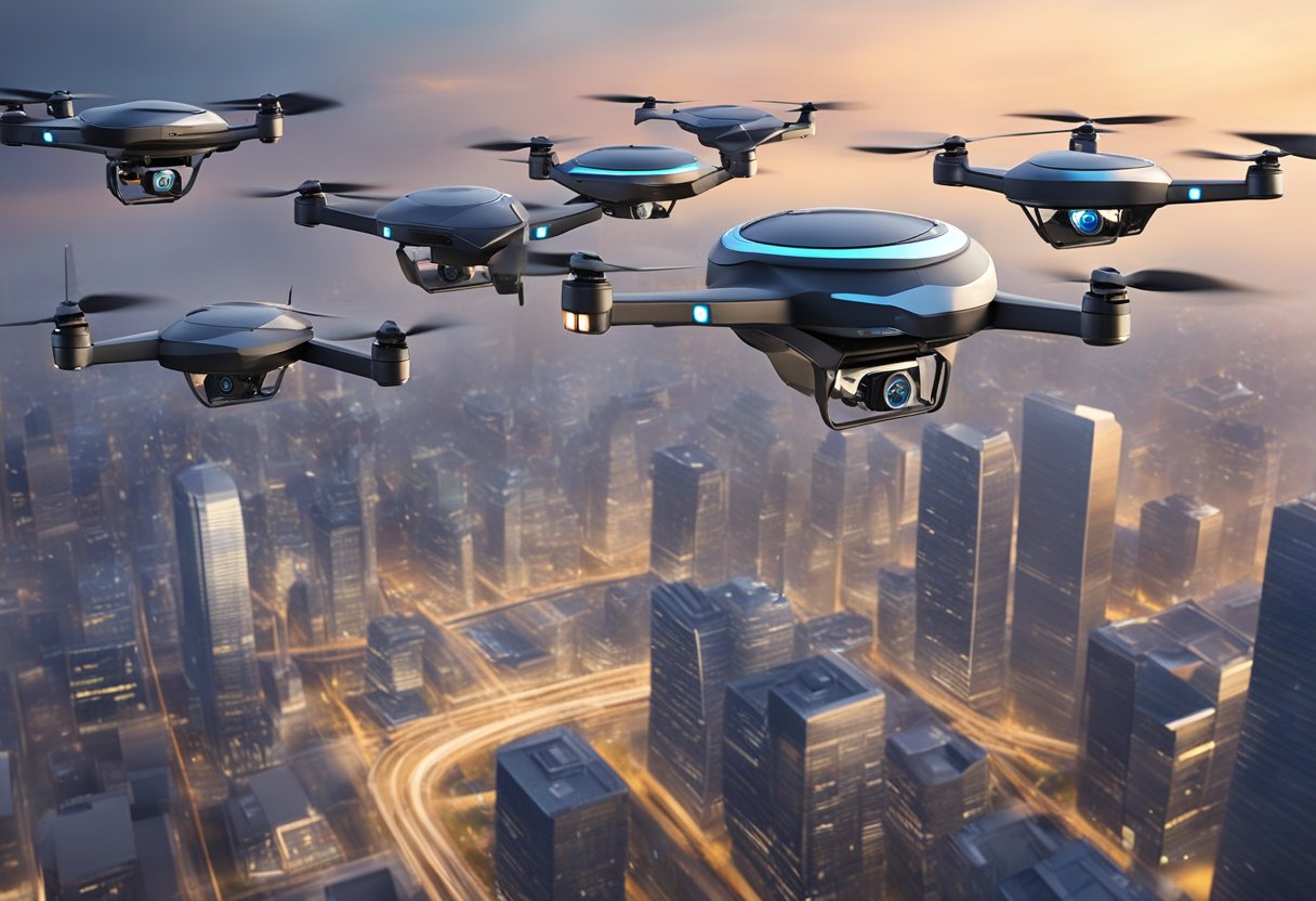 A fleet of next-gen drones hovers over a bustling city, equipped with advanced technology and sensors. They are used for various applications, from surveillance and delivery to infrastructure inspection and environmental monitoring