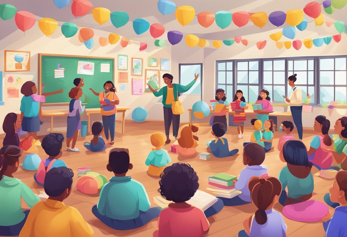 A classroom filled with colorful decorations and students presenting gifts to their teachers, while everyone smiles and shares laughter