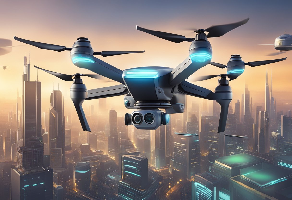 A sleek, futuristic drone hovers above a city skyline, equipped with advanced sensors and cameras. It is surrounded by smaller drones performing various tasks, showcasing the evolution of drone technology