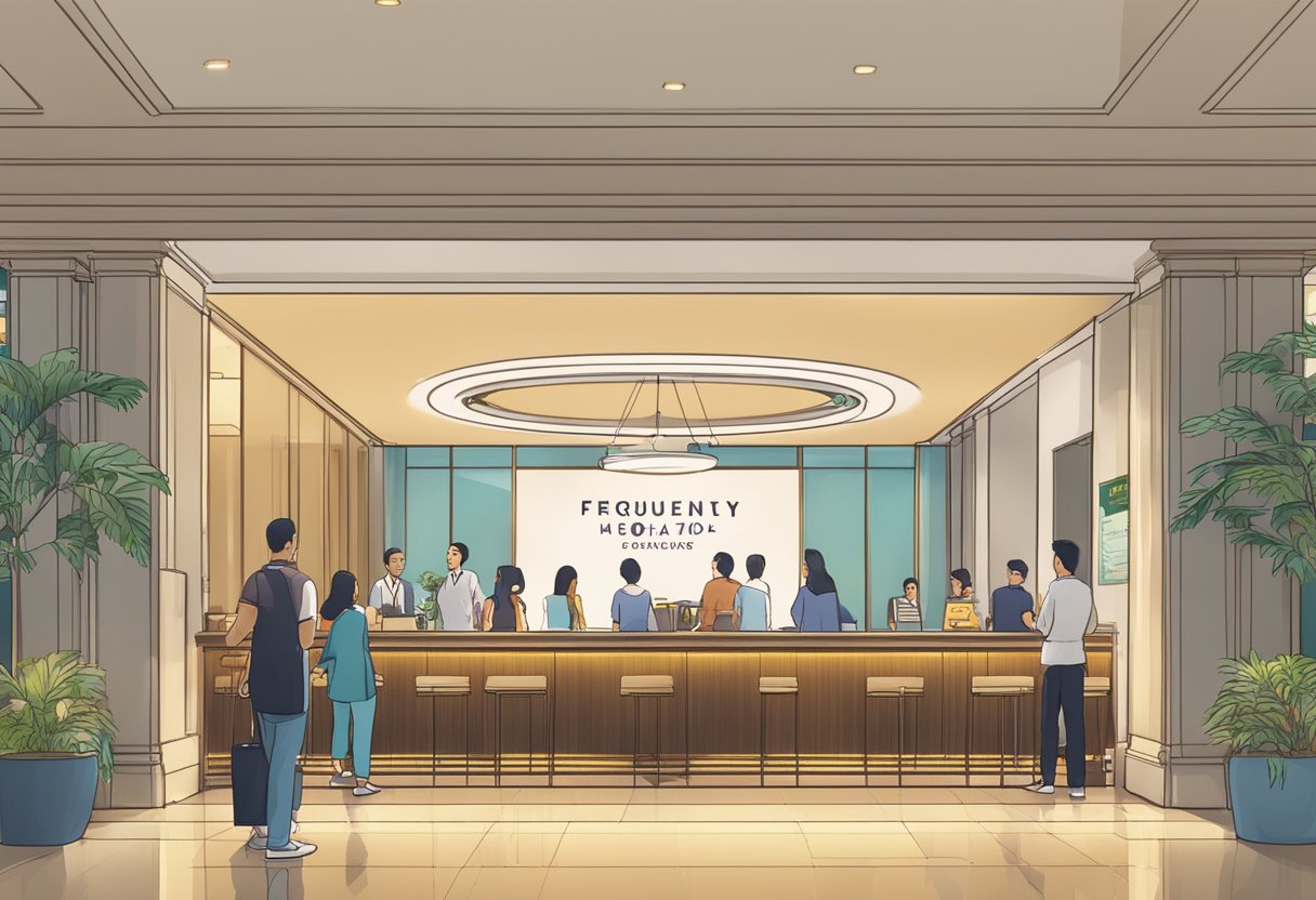 A bustling hotel lobby with a prominent "Frequently Asked Questions" sign, surrounded by guests and staff at Parkroyal on Beach Road, Singapore
