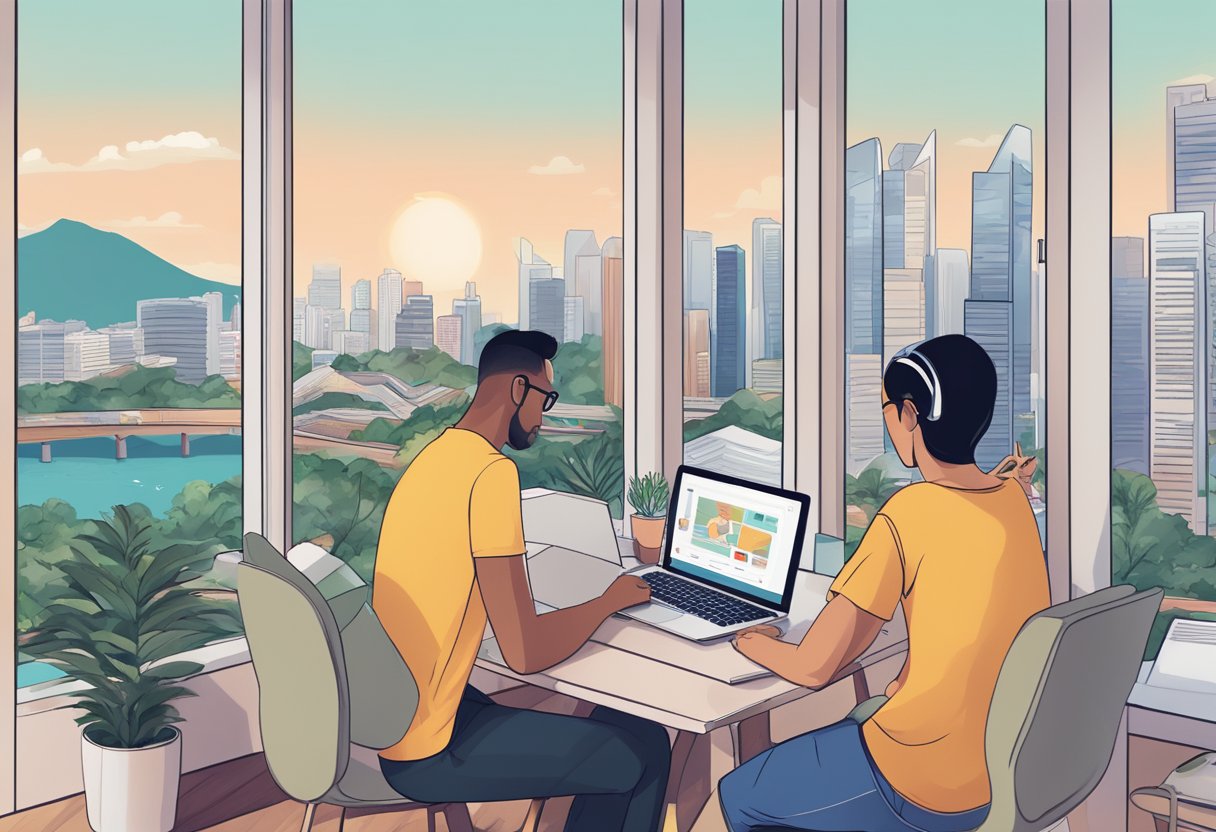 A couple browses Airbnb options in Singapore, scrolling through listings on a laptop with the city skyline in the background