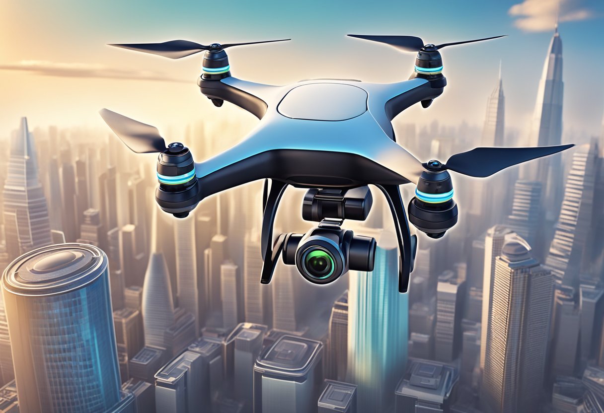 A drone hovers above a city skyline, capturing aerial footage. Its advanced technology and sleek design illustrate the future of drone applications