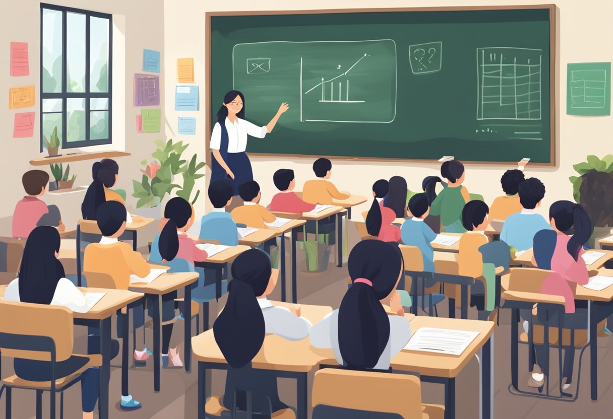 A classroom with a chalkboard filled with "Frequently Asked Questions about Singapore Teacher's Day" and students sitting at their desks, eagerly raising their hands to ask questions