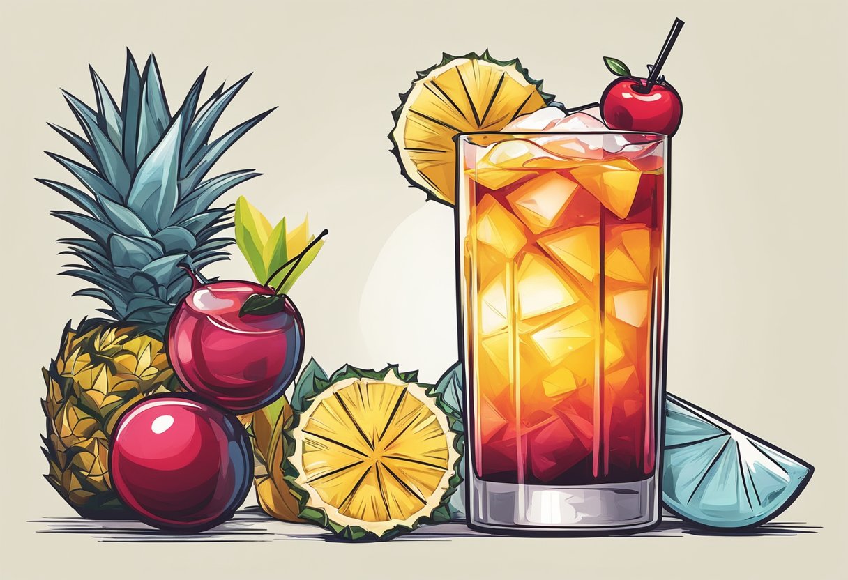 A cocktail shaker filled with ice, gin, cherry brandy, and pineapple juice. A splash of grenadine added, then shaken vigorously. Strained into a tall glass, garnished with a slice of pineapple and a maraschino