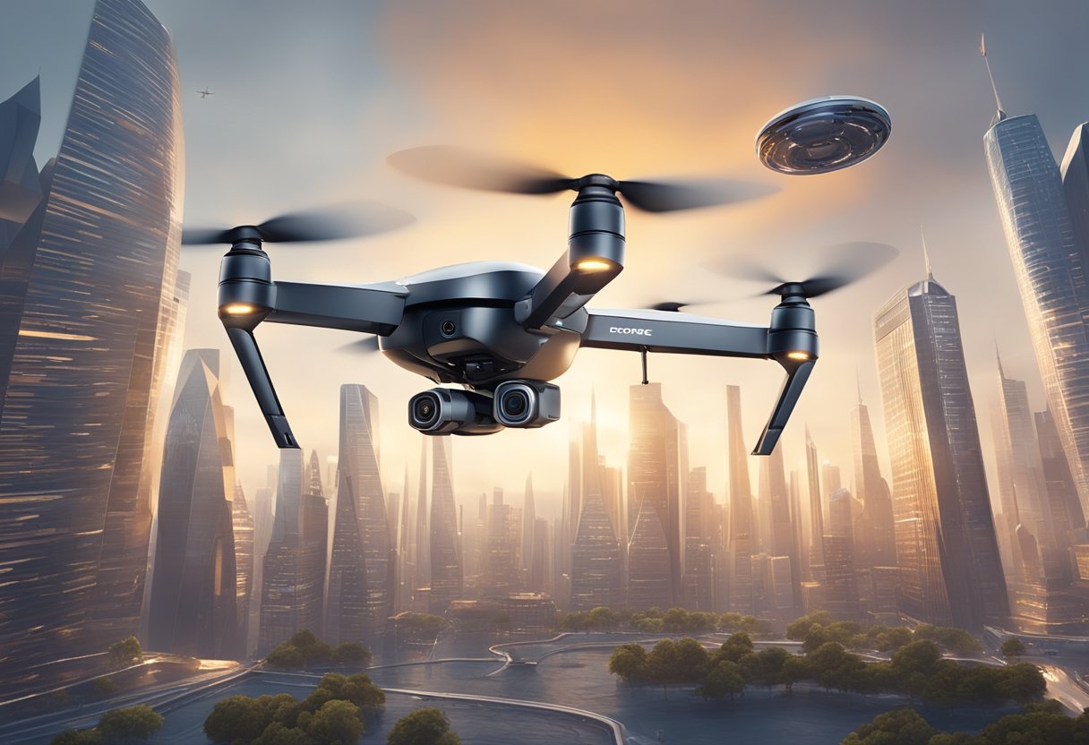 A drone hovers above a city skyline, equipped with advanced sensors and cameras. It is surrounded by futuristic buildings and flying vehicles, showcasing the next generation of drone technology