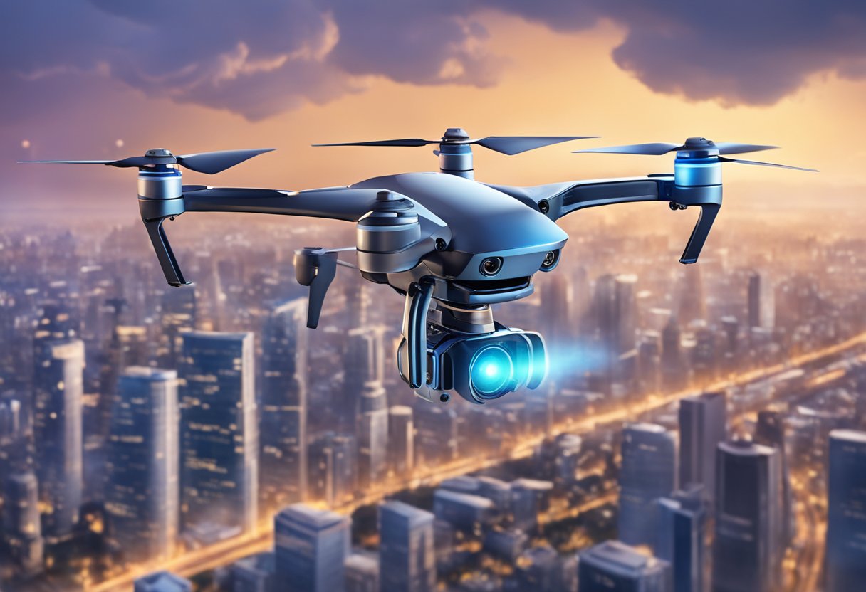 A drone equipped with AI technology hovers above a cityscape, capturing data and performing complex tasks with precision and efficiency