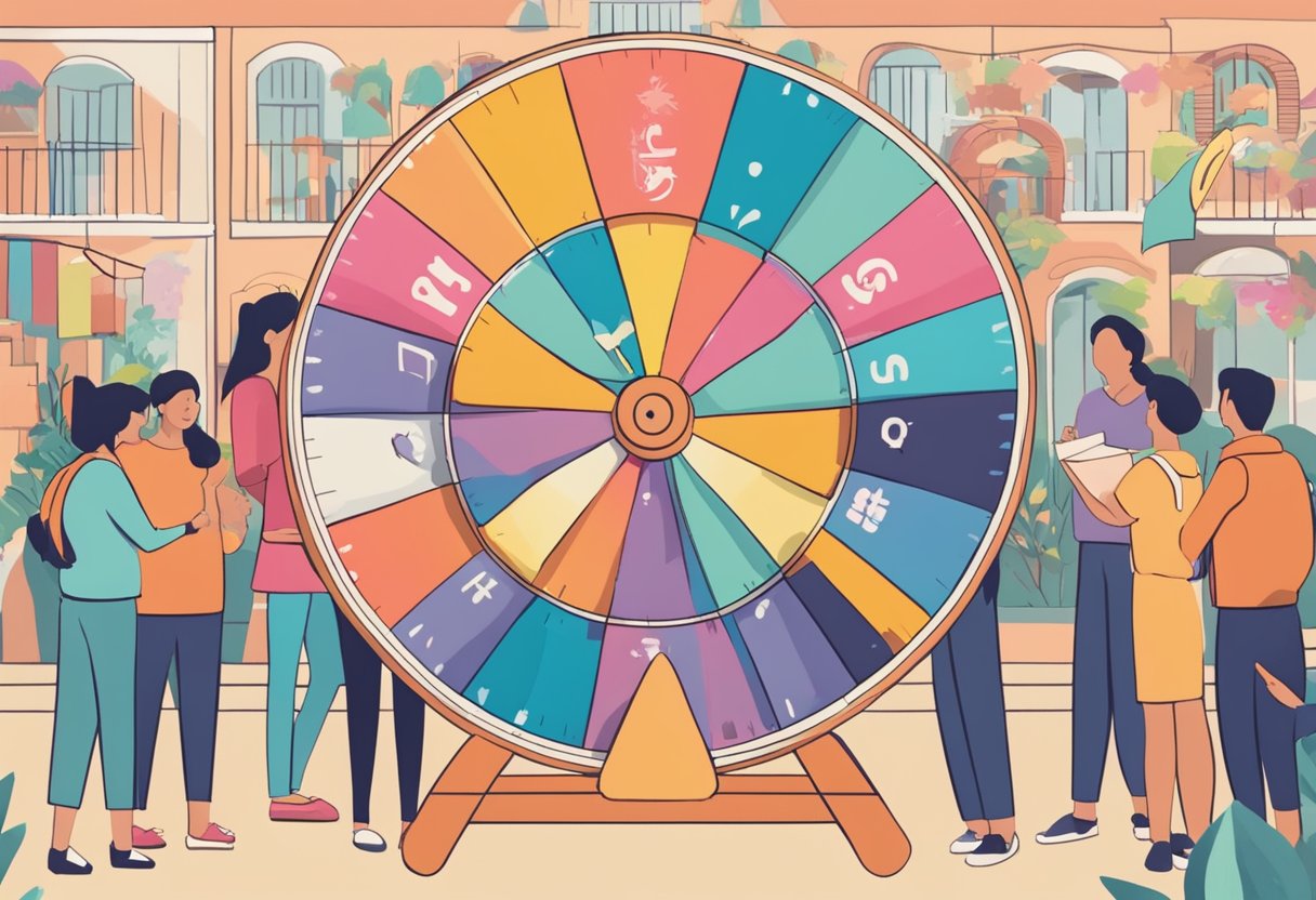 A colorful spinning wheel with "Frequently Asked Questions" and "Singapore Prize" displayed, surrounded by excited onlookers