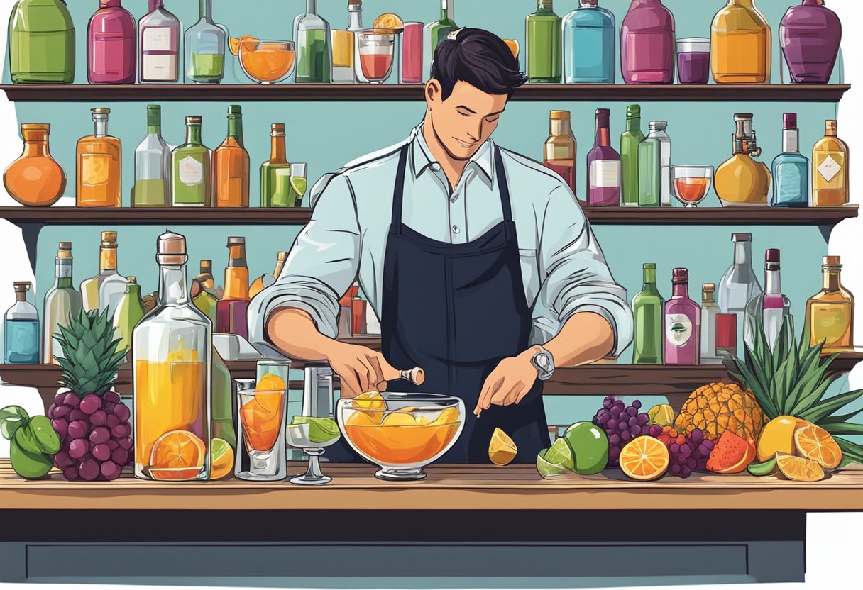 A bartender pours ingredients into a cocktail shaker, surrounded by bottles of liquor and a bowl of fresh fruit